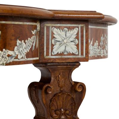 French Louis XVI style ivory inlaid birchwood antique centre table