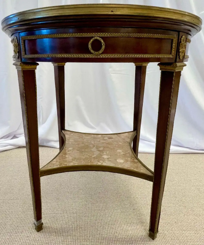 French Mahogany Louis XVI Style Marble Top Bouillotte Table Bronze Mounted