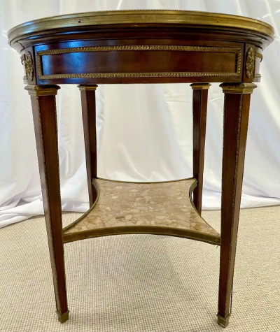French Mahogany Louis XVI Style Marble Top Bouillotte Table Bronze Mounted