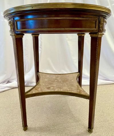 French Mahogany Louis XVI Style Marble Top Bouillotte Table Bronze Mounted