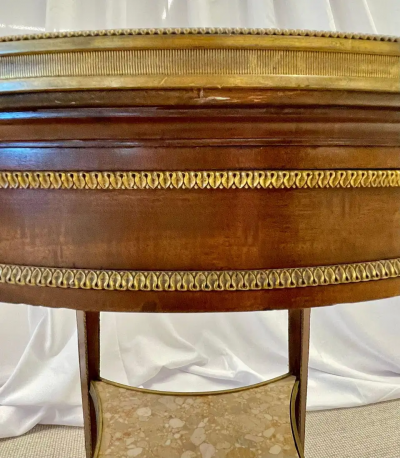 French Mahogany Louis XVI Style Marble Top Bouillotte Table Bronze Mounted