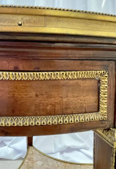 French Mahogany Louis XVI Style Marble Top Bouillotte Table Bronze Mounted