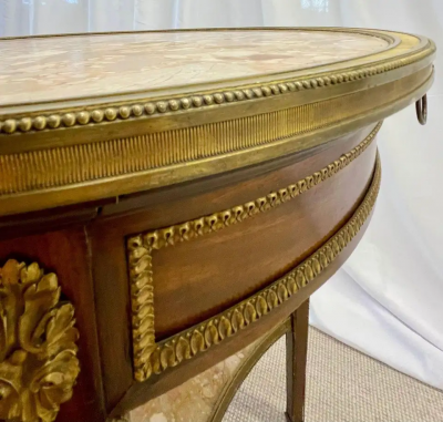 French Mahogany Louis XVI Style Marble Top Bouillotte Table Bronze Mounted