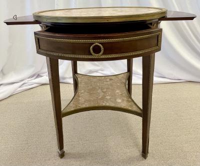 French Mahogany Louis XVI Style Marble Top Bouillotte Table Bronze Mounted