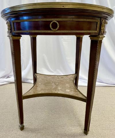 French Mahogany Louis XVI Style Marble Top Bouillotte Table Bronze Mounted