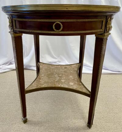 French Mahogany Louis XVI Style Marble Top Bouillotte Table Bronze Mounted
