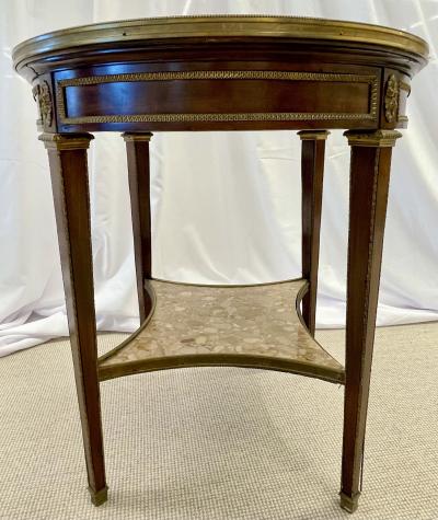 French Mahogany Louis XVI Style Marble Top Bouillotte Table Bronze Mounted