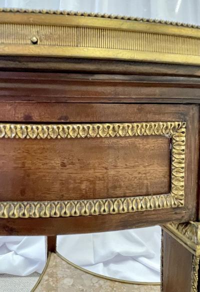 French Mahogany Louis XVI Style Marble Top Bouillotte Table Bronze Mounted