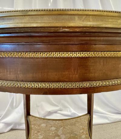French Mahogany Louis XVI Style Marble Top Bouillotte Table Bronze Mounted