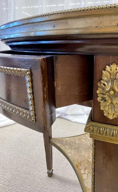 French Mahogany Louis XVI Style Marble Top Bouillotte Table Bronze Mounted