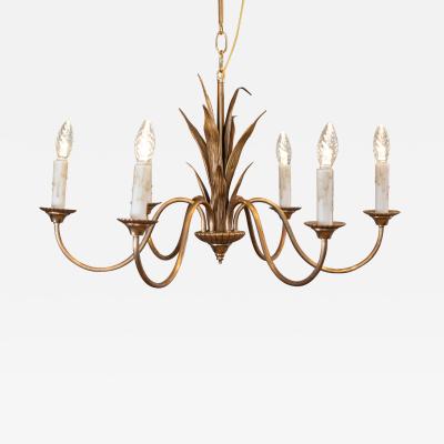 French Maison Charles Inspired Gilt Metal Six Light Chandelier with Foliage