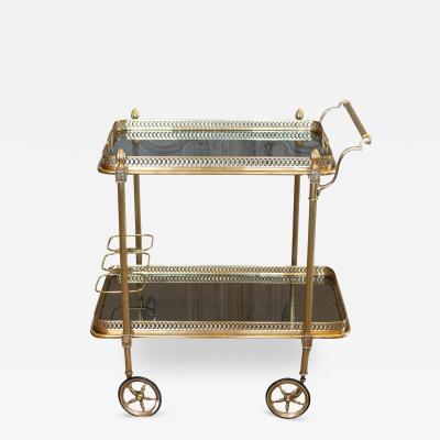 French Maison Jansen Empire Style 1940s Brass Bar Cart with Tinted Glass Shelves