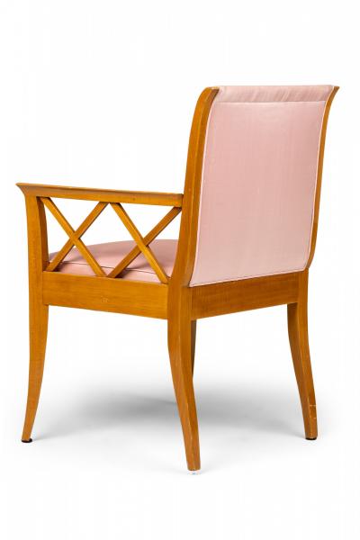 French Maple Lattice Pink Upholstered Arm Chairs 1