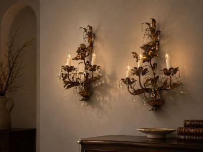 French Marie Therese Style Cherub Wall Sconces Gilt Brass Crystal 1950s