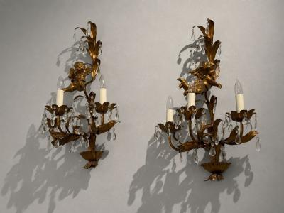 French Marie Therese Style Cherub Wall Sconces Gilt Brass Crystal 1950s