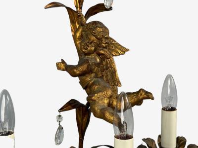 French Marie Therese Style Cherub Wall Sconces Gilt Brass Crystal 1950s