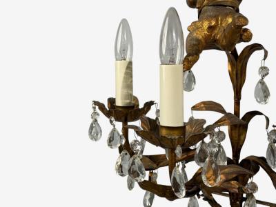 French Marie Therese Style Cherub Wall Sconces Gilt Brass Crystal 1950s