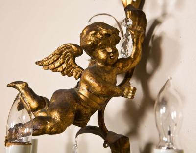 French Marie Therese Style Gilt Brass Three Light Wall Sconces Cherub Figures