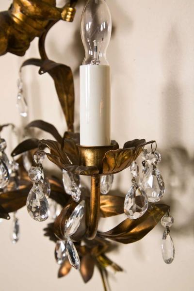 French Marie Therese Style Gilt Brass Three Light Wall Sconces Cherub Figures