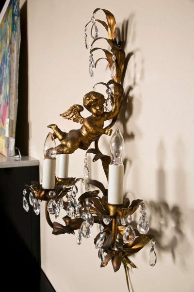 French Marie Therese Style Gilt Brass Three Light Wall Sconces Cherub Figures
