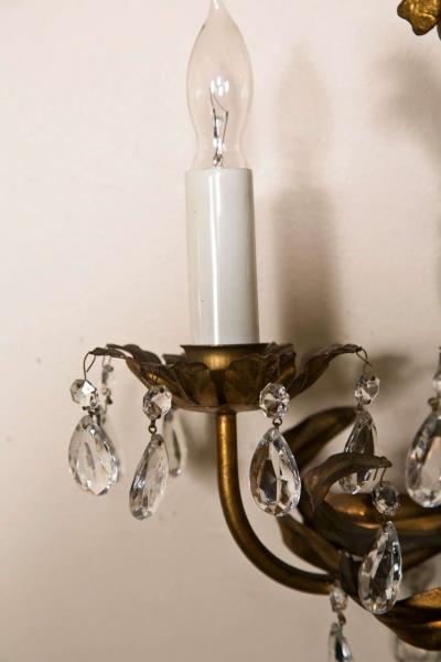 French Marie Therese Style Gilt Brass Three Light Wall Sconces Cherub Figures