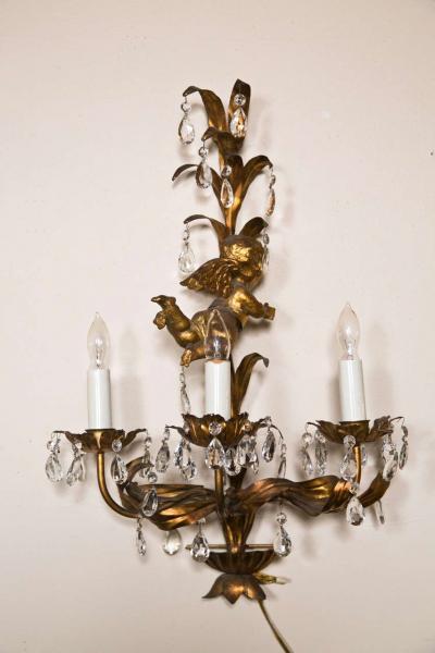 French Marie Therese Style Gilt Brass Three Light Wall Sconces Cherub Figures