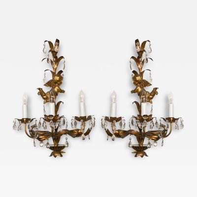 French Marie Therese Style Gilt Brass Three Light Wall Sconces Cherub Figures