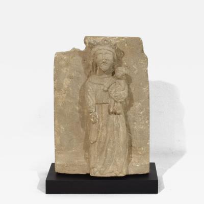 French Medieval Carved Stone Panel Depicting A Madonna With Child