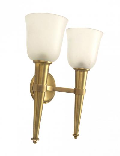 French Mid Century Brass and Frosted Glass Torch Wall Sconces