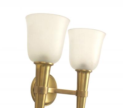French Mid Century Brass and Frosted Glass Torch Wall Sconces