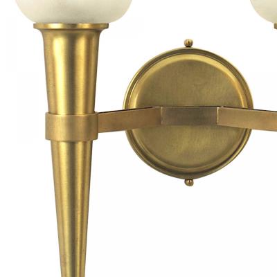 French Mid Century Brass and Frosted Glass Torch Wall Sconces