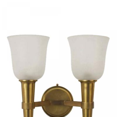French Mid Century Brass and Frosted Glass Torch Wall Sconces