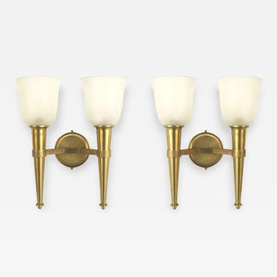 French Mid Century Brass and Frosted Glass Torch Wall Sconces