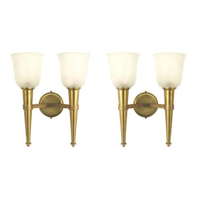 French Mid Century Brass and Frosted Glass Torch Wall Sconces