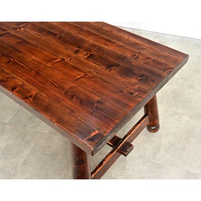 French Mid Century Brutalist Pine Dining Table