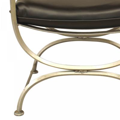 French Mid Century Campaign Style Black Leather Ottoman