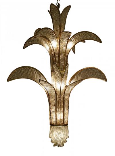 French Mid Century Crystal and Gilt Metal Palm Chandelier