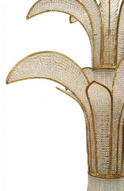 French Mid Century Crystal and Gilt Metal Palm Chandelier