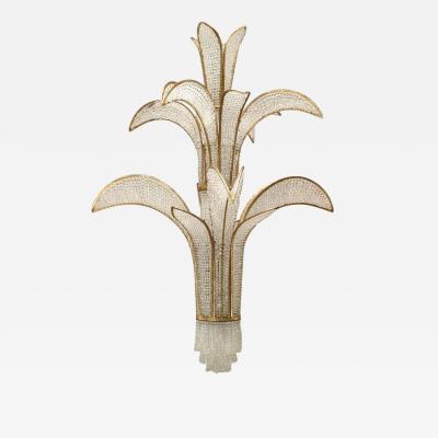 French Mid Century Crystal and Gilt Metal Palm Chandelier