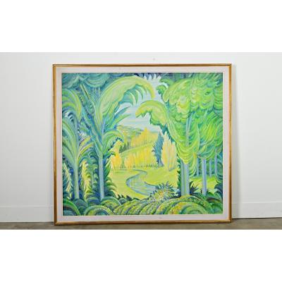 French Mid Century Electric Landscape Painting in Gilt Frame