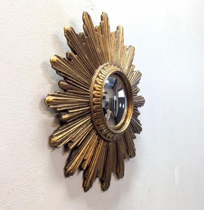 French Mid Century Gilt Convex Sunburst Mirror
