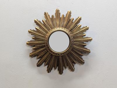 French Mid Century Gilt Convex Sunburst Mirror