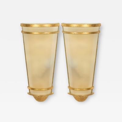 French Mid Century Gilt Metal and Glass Wall Sconces