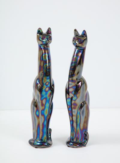 French Mid Century Iridescent Glazed Cat Figures