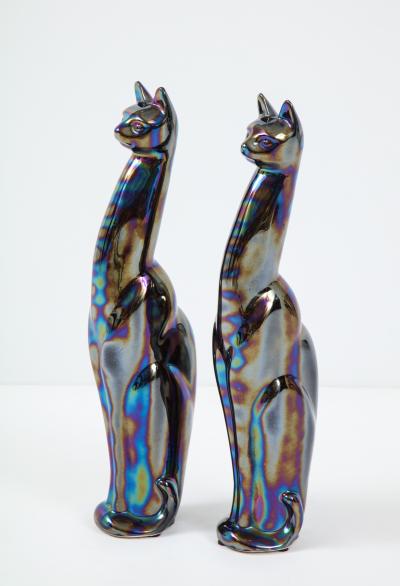 French Mid Century Iridescent Glazed Cat Figures