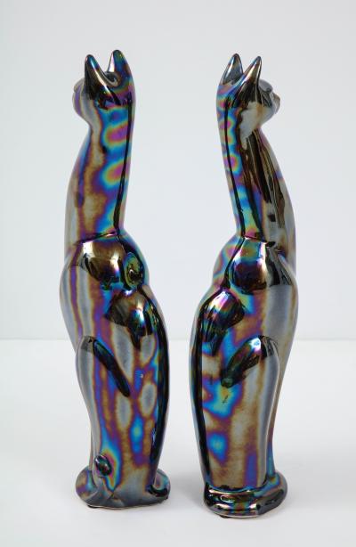 French Mid Century Iridescent Glazed Cat Figures