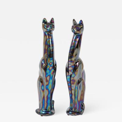 French Mid Century Iridescent Glazed Cat Figures