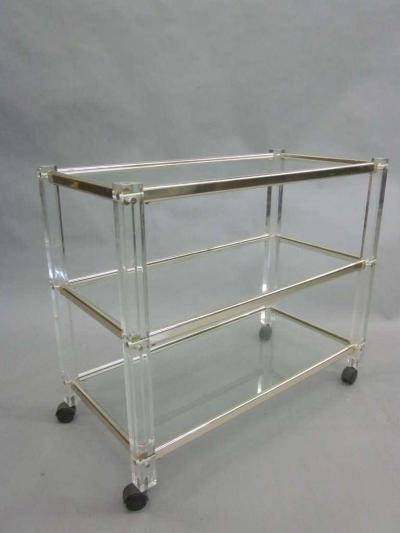 French Mid Century Modern 3 Tier Lucite Nickel Bar or Dessert Cart