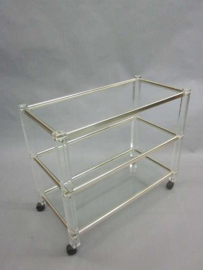 French Mid Century Modern 3 Tier Lucite Nickel Bar or Dessert Cart