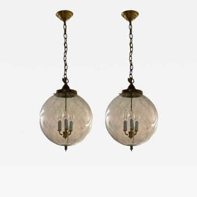 French Mid Century Modern Brass Blown Glass Globe Pendant Lights 1950s